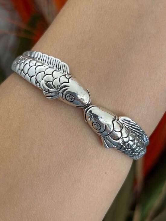 S925 Scandinavian Silver Twin Koi Fish Cuff Bracelet - Etsy 925 Sterling Silver Double Koi Fish Cuff Bracelet Adjustable Statement Bracelet